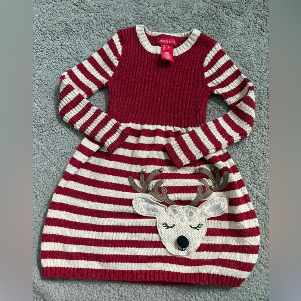Red and White Striped Dress with Reindeer Design